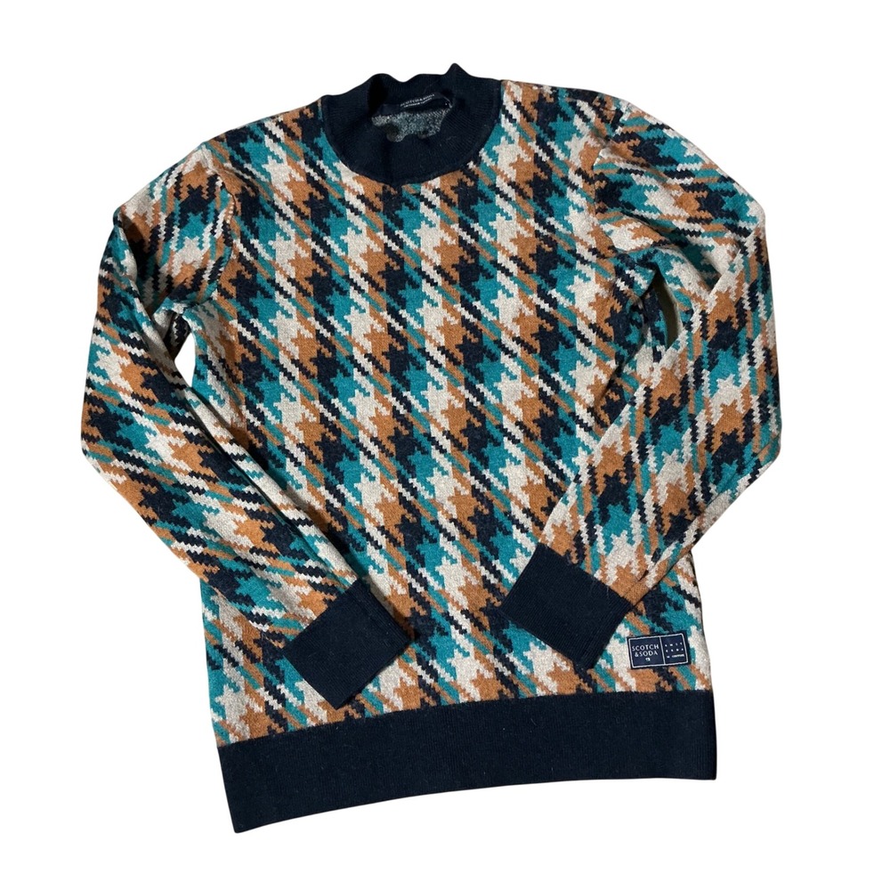 Scotch & Soda Houndstooth Wool Blend Sweater Mens S Teal Rust Mock Neck Knit Top